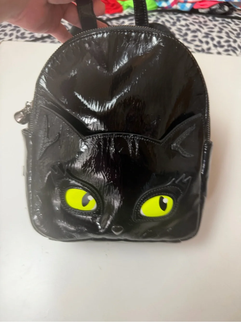 Betsey Johnson Black Glossy Meow In The Dark Cat Eyes Faux Fur Mini Backpack